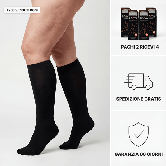 Donna italiana che indossa calze a compressione graduata in bambù Reviva per vene varicose